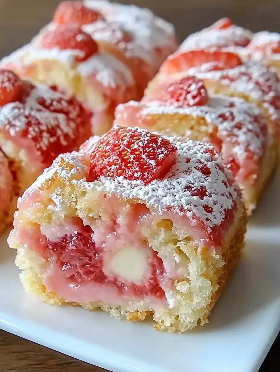 A close-up of a sliced strawberry cake topped with fresh strawberries and powdered sugar, revealing a pink filling inside.