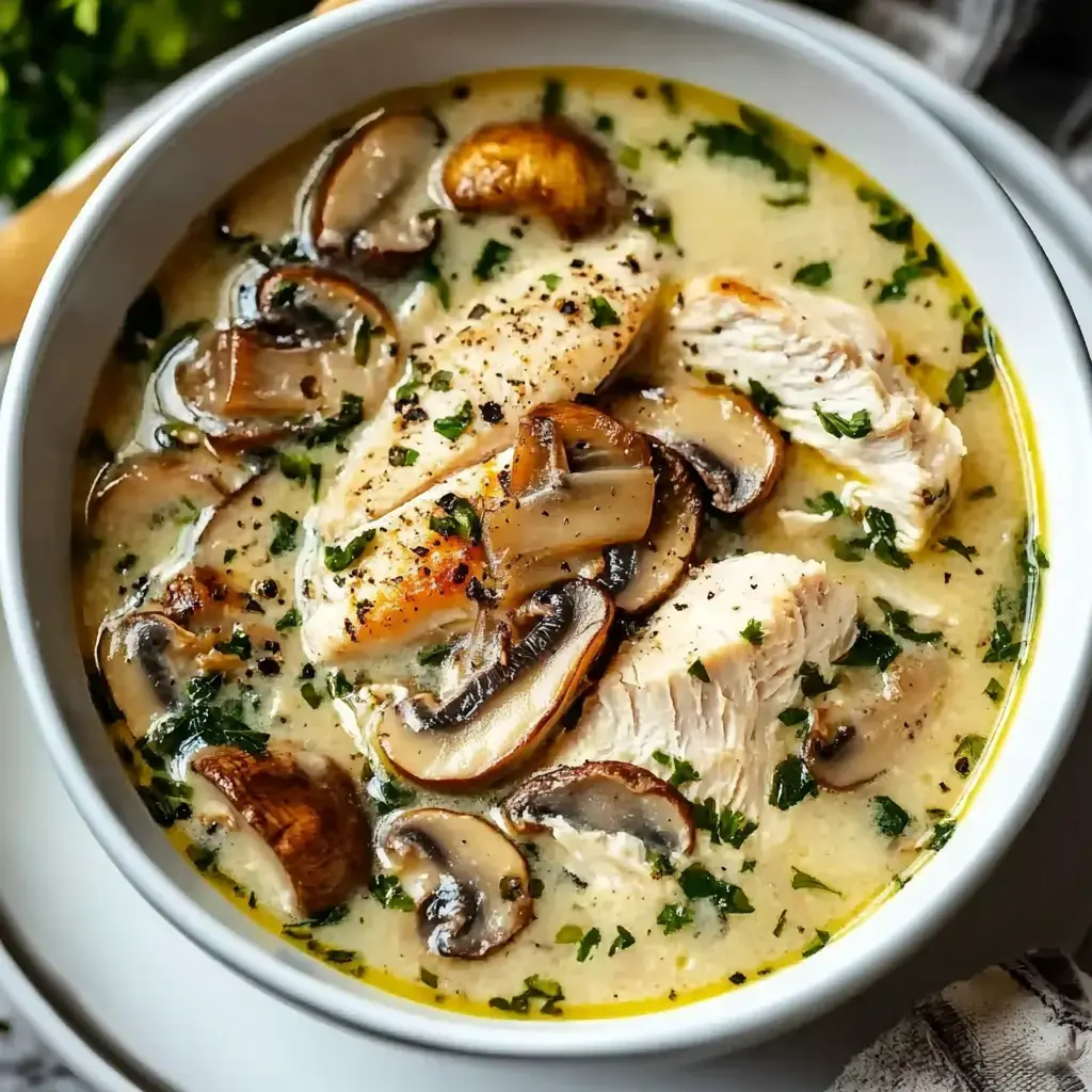 A creamy bowl of chicken soup with mushrooms and herbs, garnished with fresh parsley.