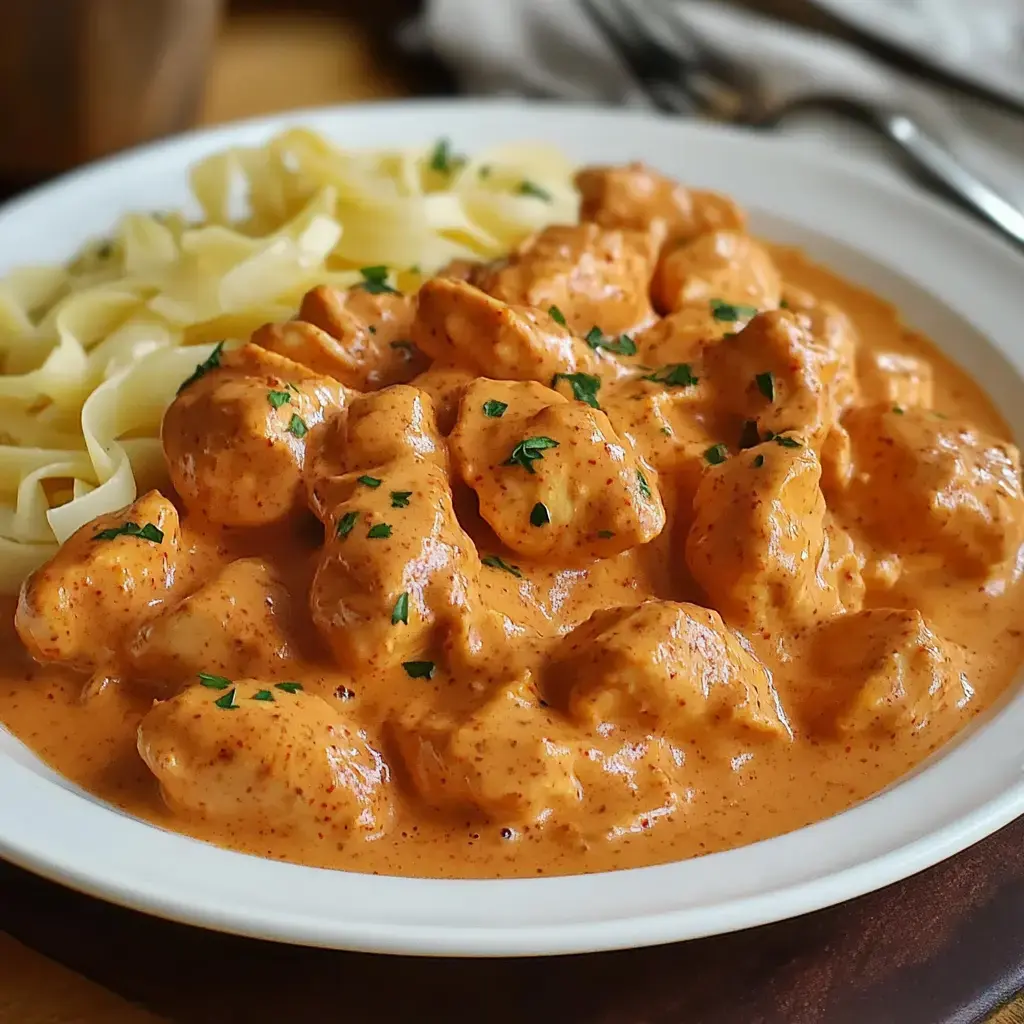 A plate of gnocchi covered in a creamy tomato sauce, accompanied by a side of fettuccine, garnished with parsley.