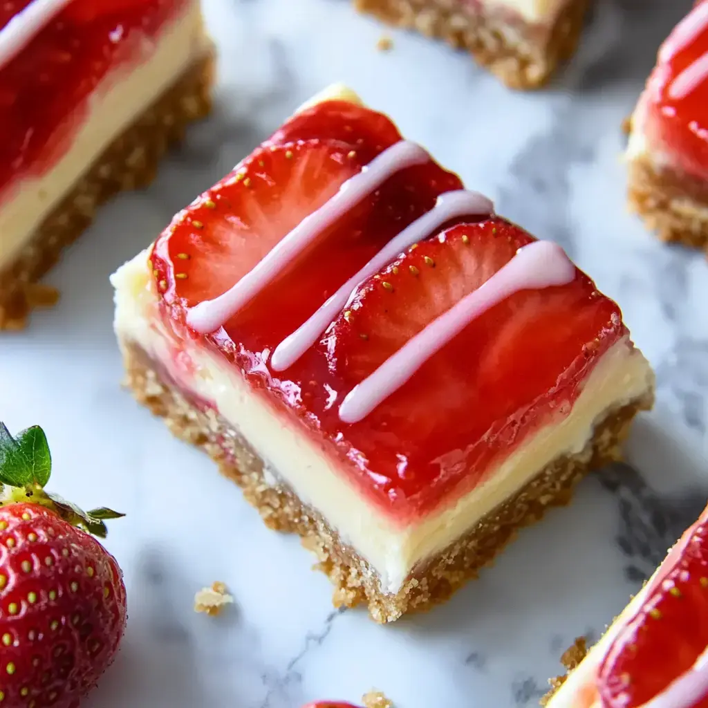 A close-up of a strawberry cheesecake bar topped with glazed strawberries and drizzled with white icing, surrounded by fresh strawberries.