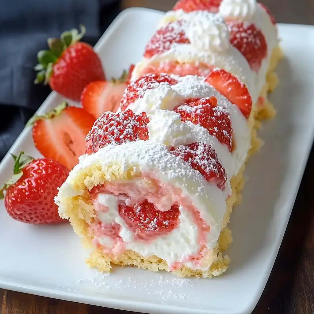 A sliced roll cake filled with cream and strawberries, garnished with powdered sugar and fresh strawberries, served on a white plate.