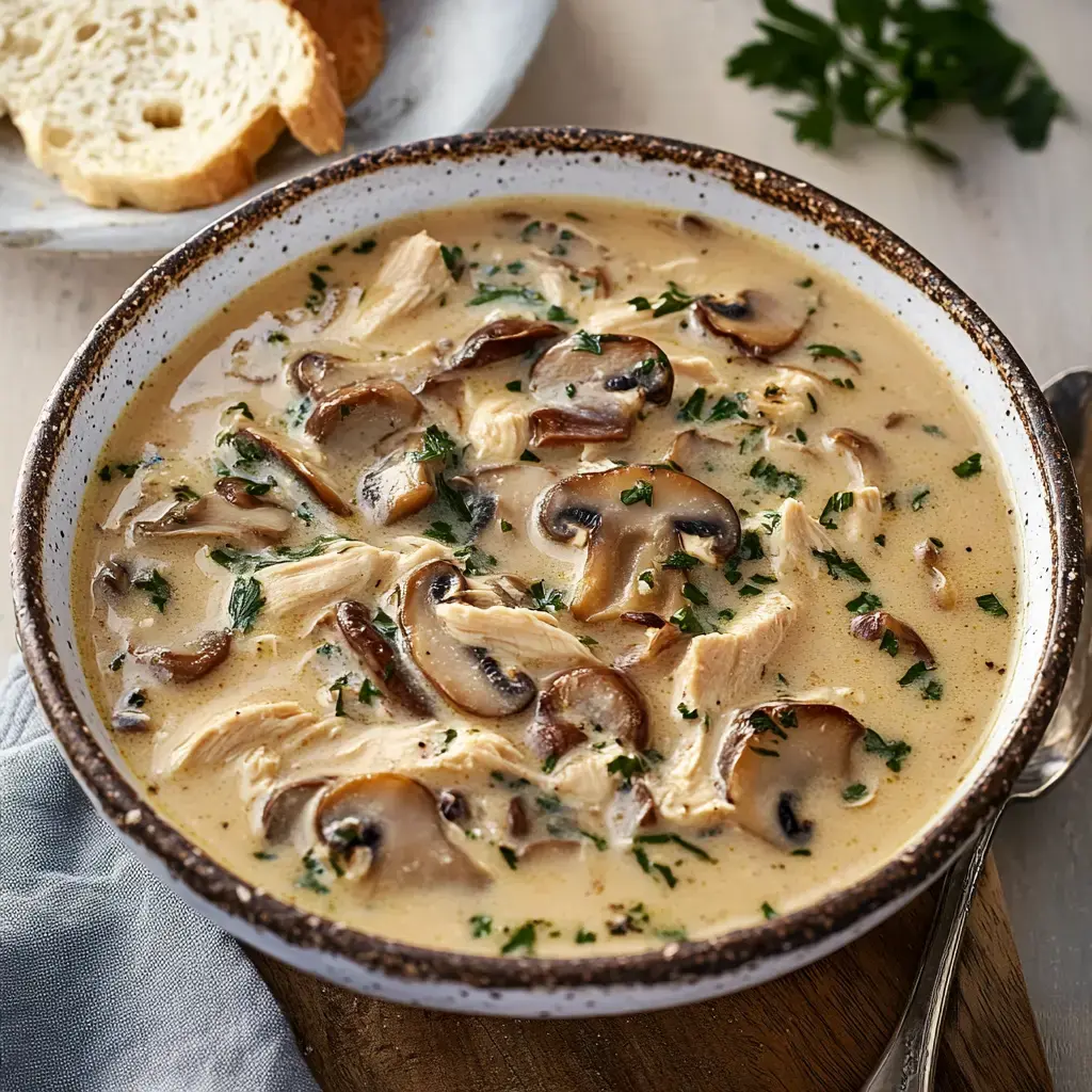 A creamy mushroom and chicken soup topped with fresh parsley, served in a bowl with slices of bread in the background.