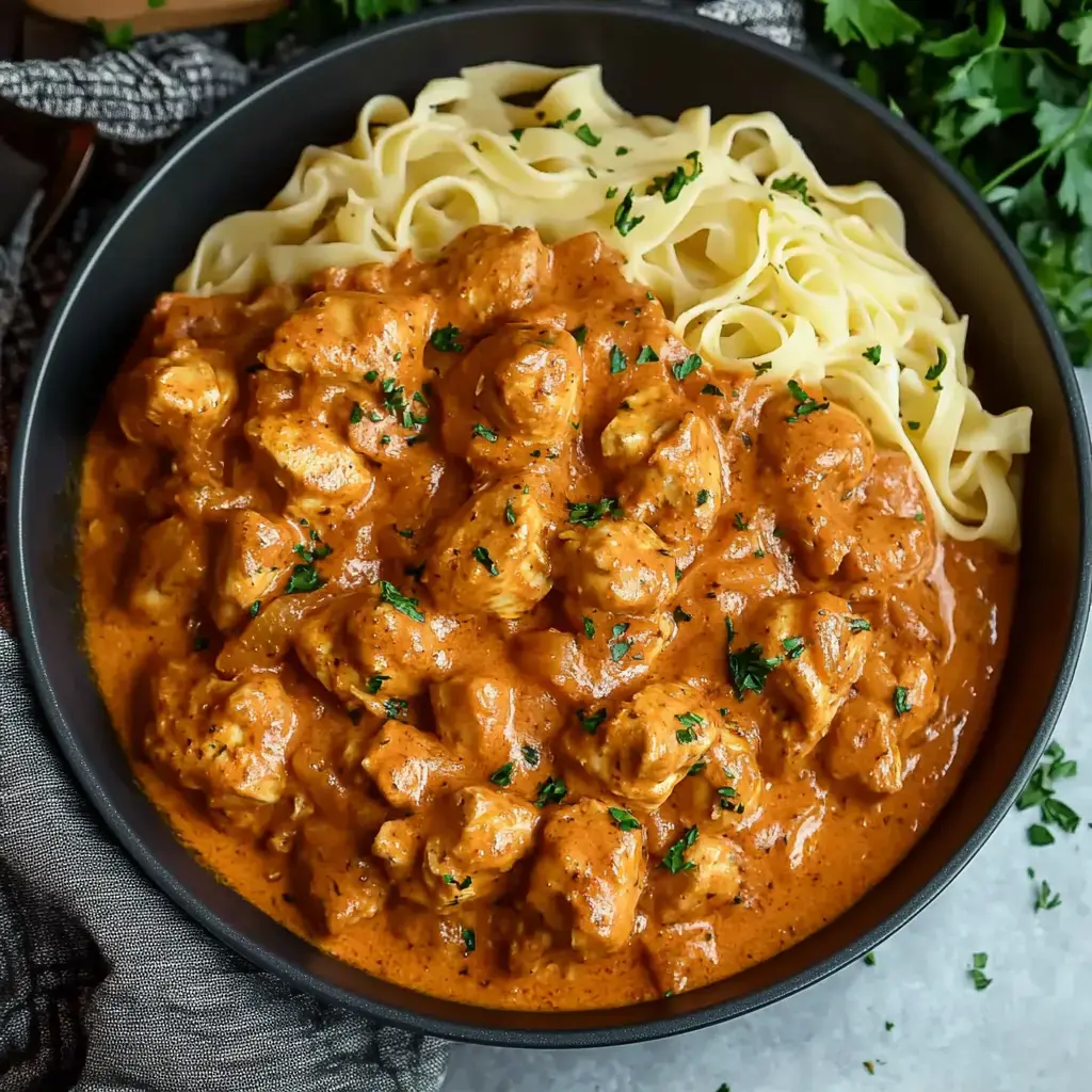 A bowl filled with creamy chicken in a rich sauce, served alongside a portion of fettuccine pasta, garnished with fresh parsley.