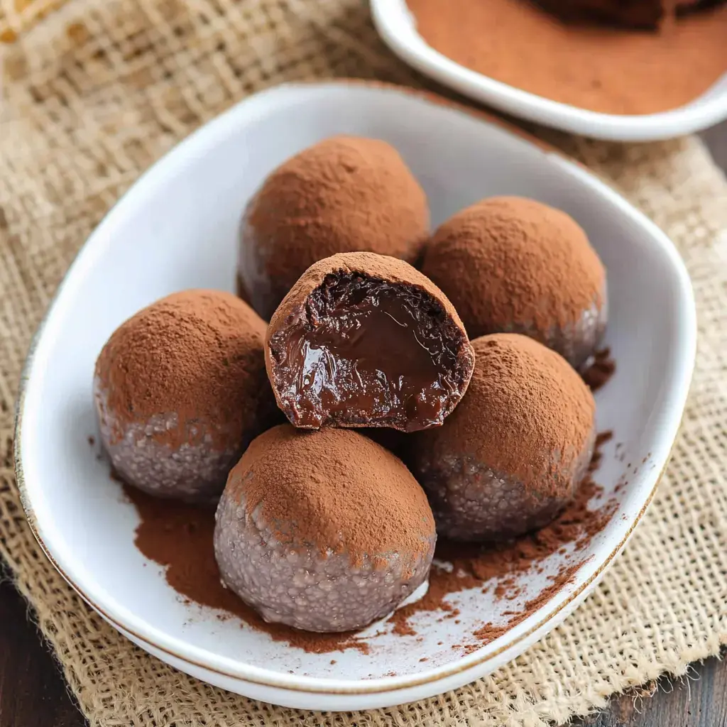 A plate of chocolate-covered dessert truffles dusted with cocoa powder, with one truffle cut in half to reveal a creamy chocolate filling.