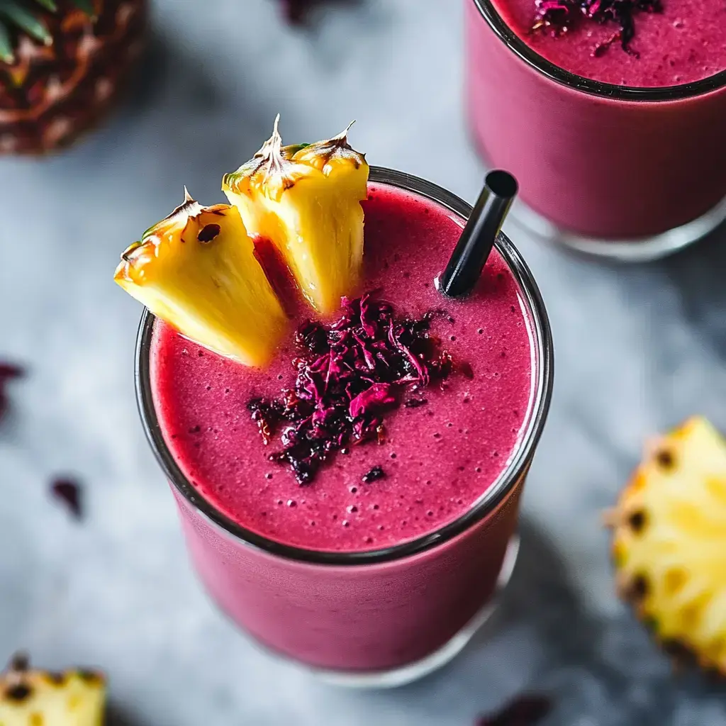 A vibrant purple smoothie topped with pineapple slices and dried rose petals, served in a glass with a straw.