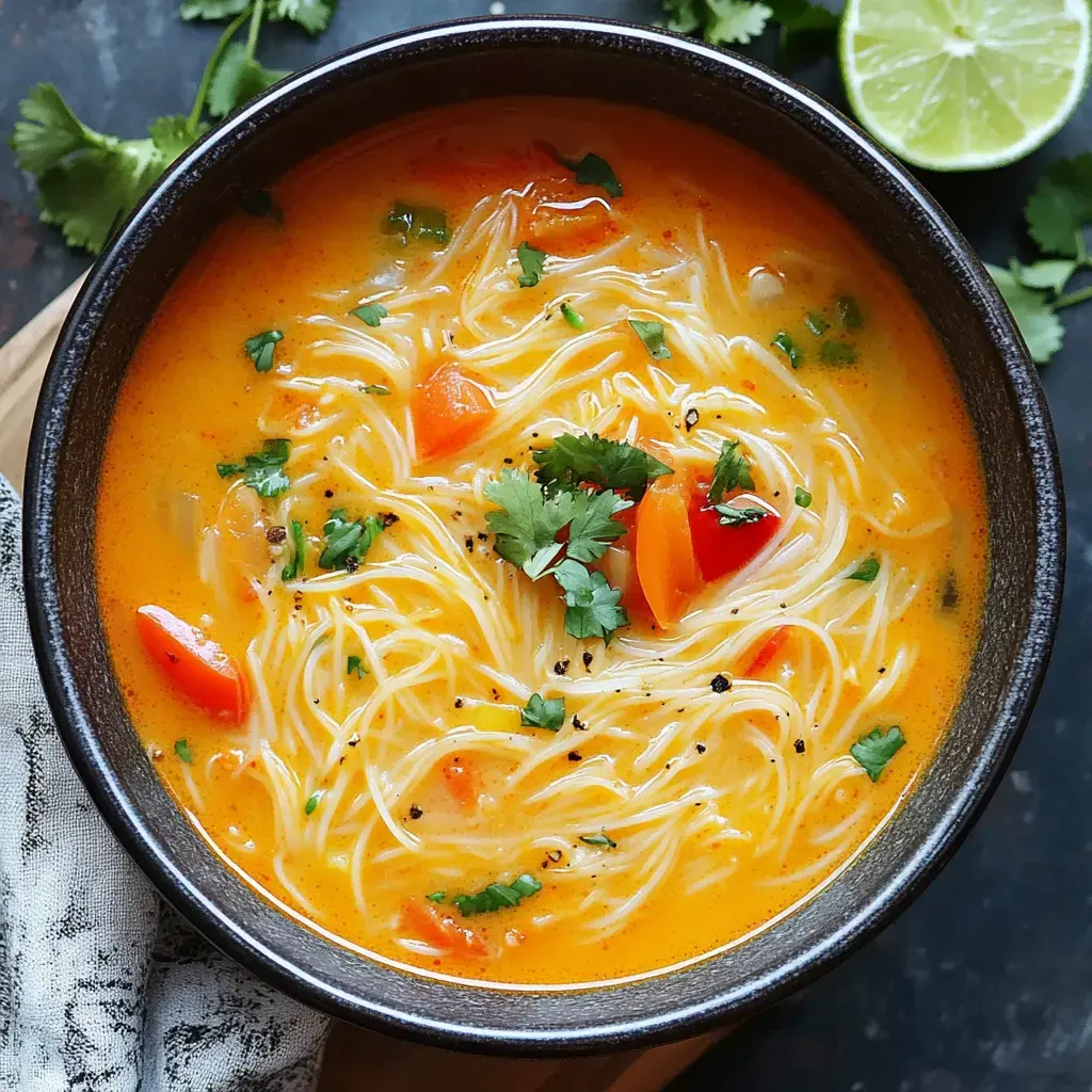 A bowl of creamy soup with noodles, garnished with cilantro and pieces of red pepper.