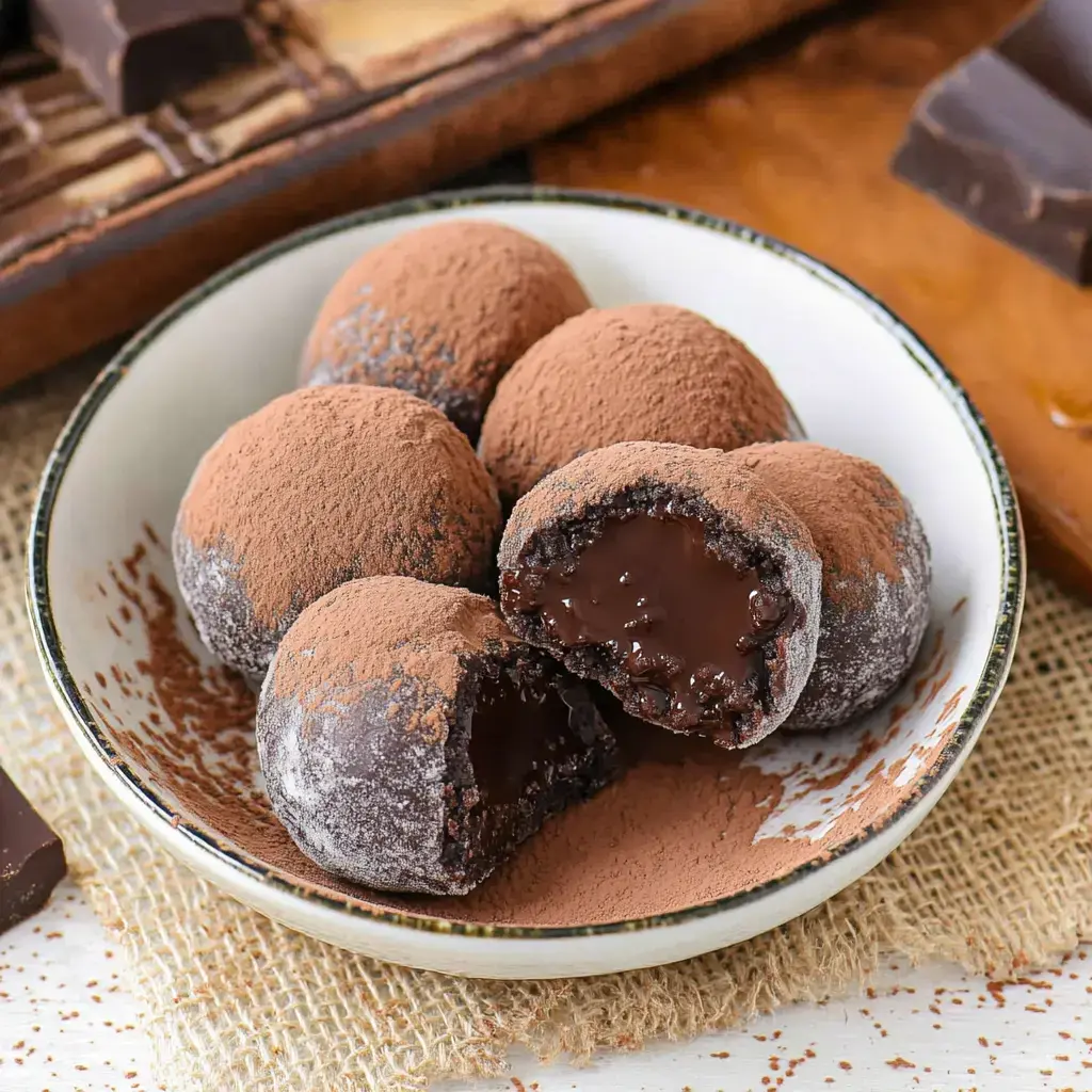 A bowl of chocolate truffles dusted with cocoa powder, with one truffle partially cut open to reveal a rich chocolate center.