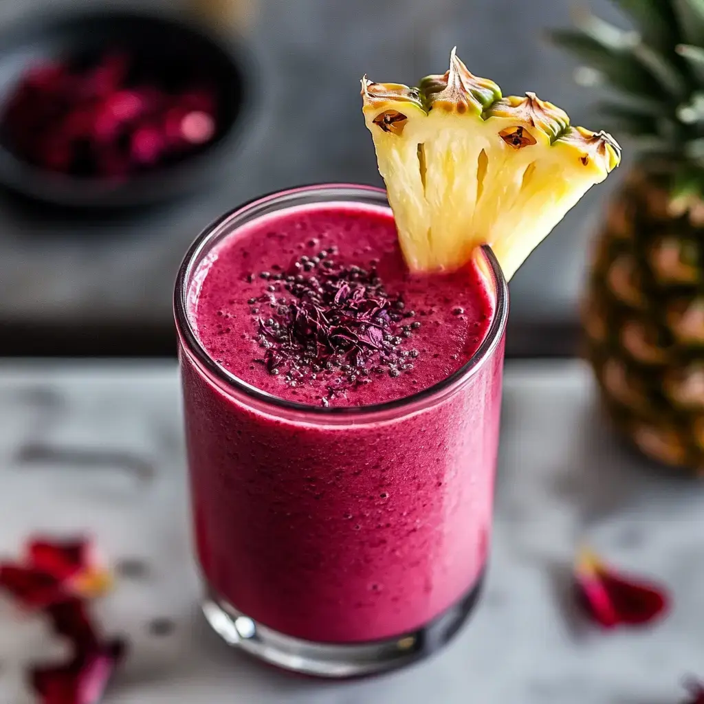 A vibrant pink smoothie topped with a slice of pineapple and decorative dried petals, set against a blurred background.