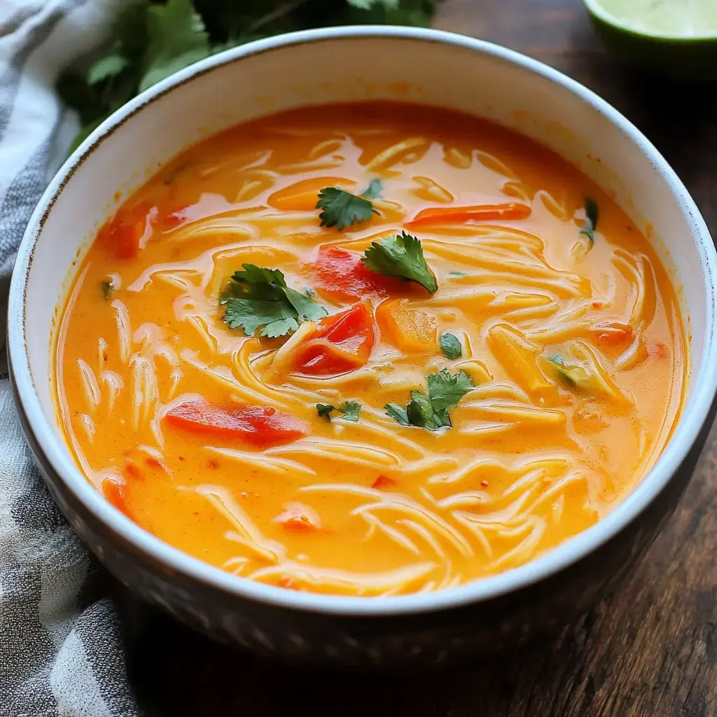 A bowl of creamy soup with thin noodles, red and yellow bell peppers, and fresh cilantro on top.