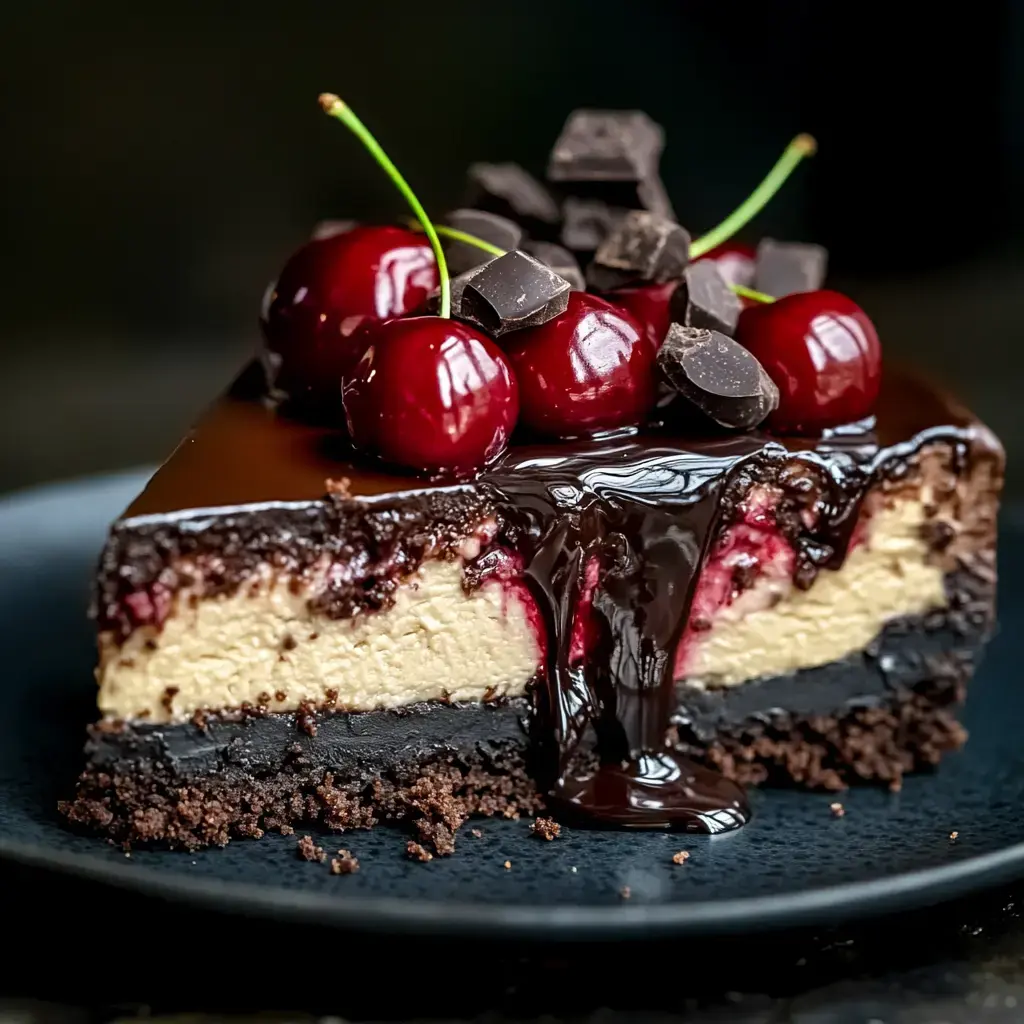 A slice of decadent chocolate cheesecake topped with fresh cherries and chocolate shavings, with rich chocolate ganache cascading down the sides.