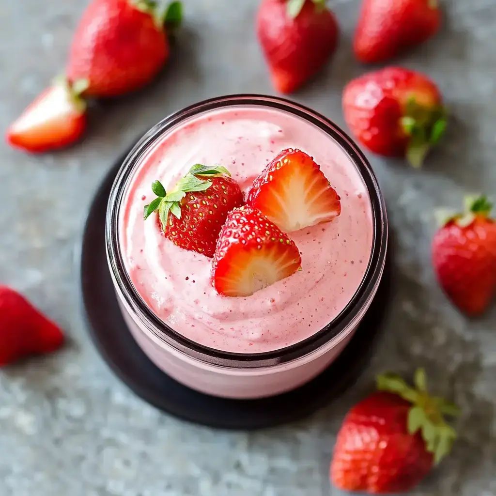 A glass of pink strawberry mousse is topped with fresh strawberries, surrounded by whole strawberries on a gray surface.