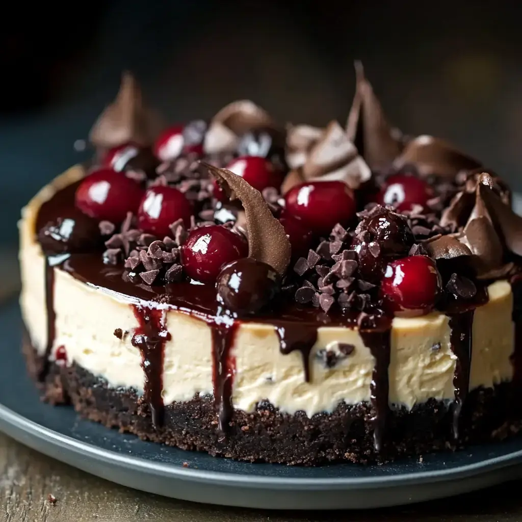 A deliciously decorated cheesecake topped with chocolate sauce, cherries, chocolate shavings, and swirls of chocolate.