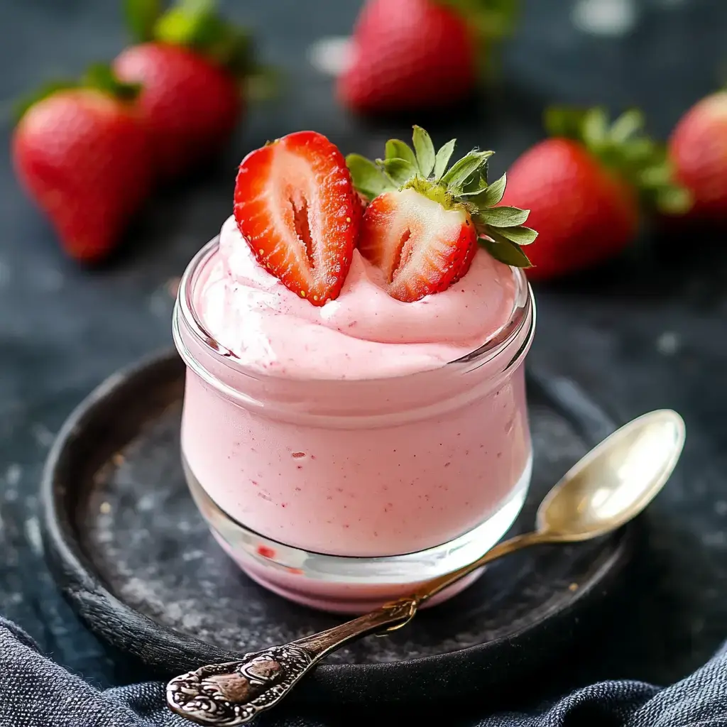 A glass dessert cup filled with pink strawberry mousse, garnished with fresh strawberry slices, sits on a dark plate beside a silver spoon.