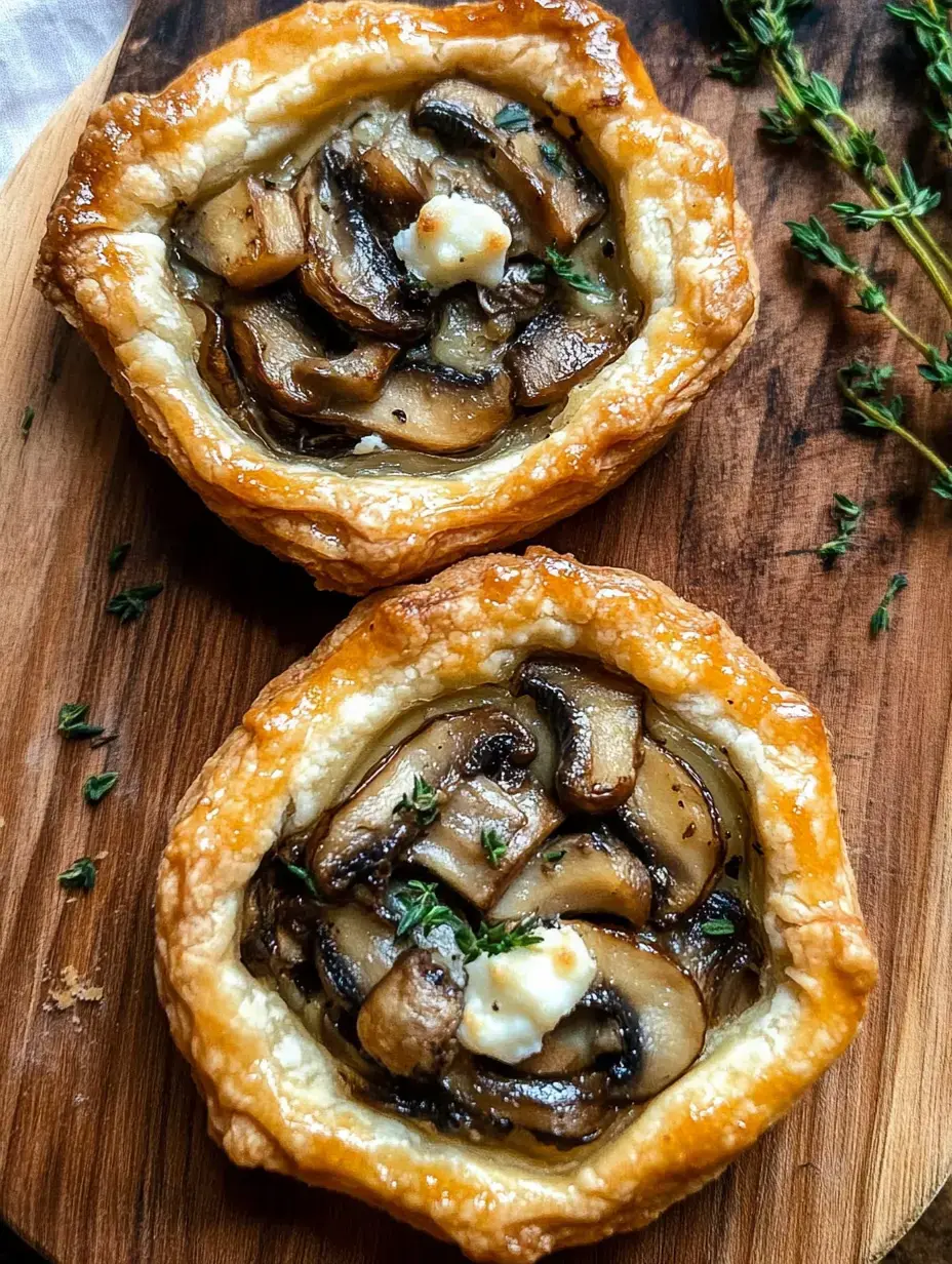 Two golden-brown mushroom tarts topped with fresh thyme and a dollop of creamy cheese, presented on a wooden surface.