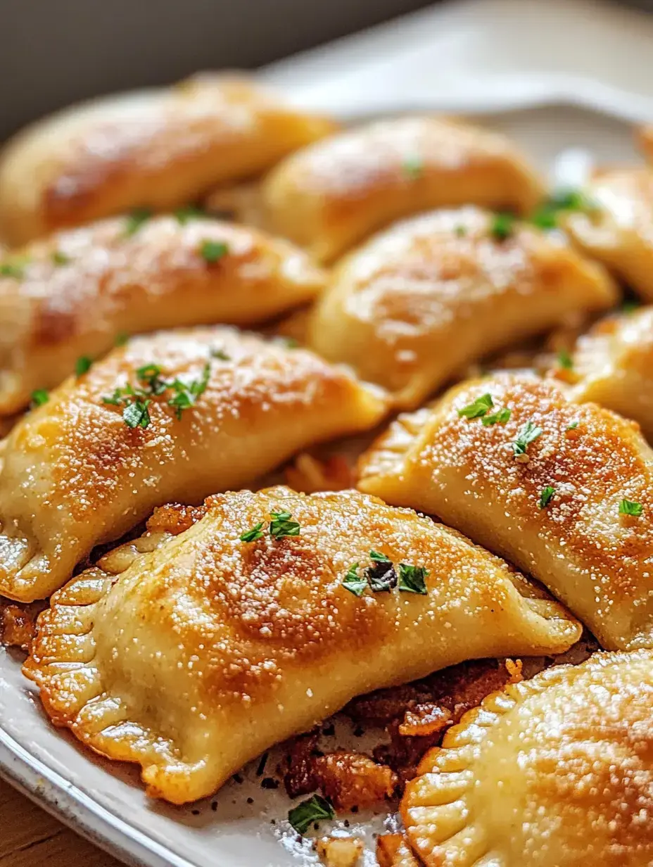 A platter of golden-brown pierogi garnished with chopped herbs.