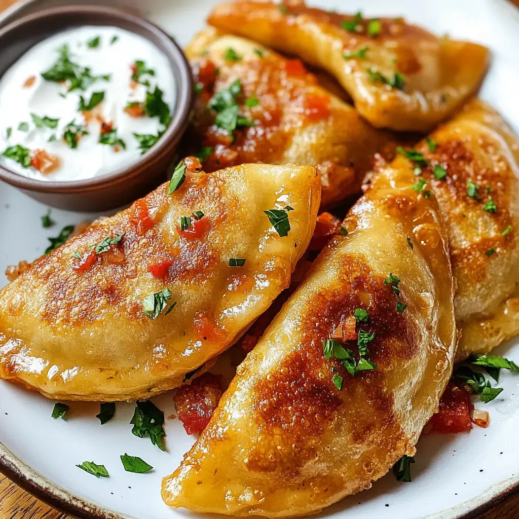 A plate of golden-brown fried dumplings garnished with chopped parsley and served with a small bowl of sour cream.