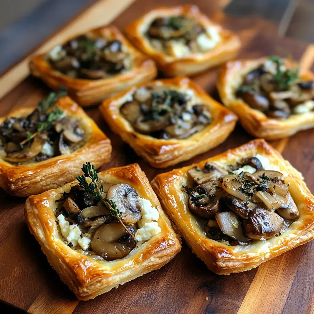 A wooden platter displays several golden-brown puff pastry squares topped with sautéed mushrooms and fresh thyme.