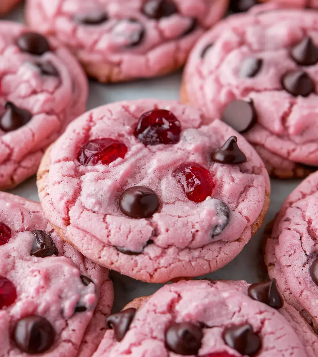 A close-up of pink cookies decorated with chocolate chips and red fruit pieces.