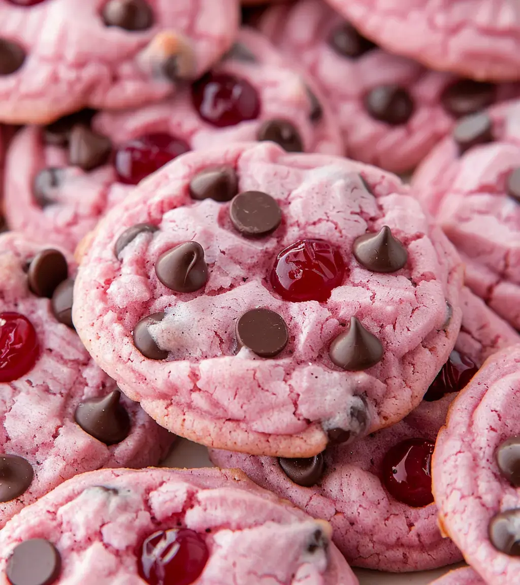 A close-up of freshly baked pink cookies adorned with chocolate chips and maraschino cherries.