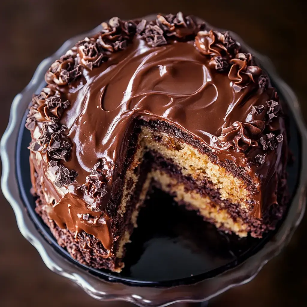 A chocolate frosted cake with a slice removed, revealing alternating layers of chocolate and yellow cake, garnished with chocolate shavings.