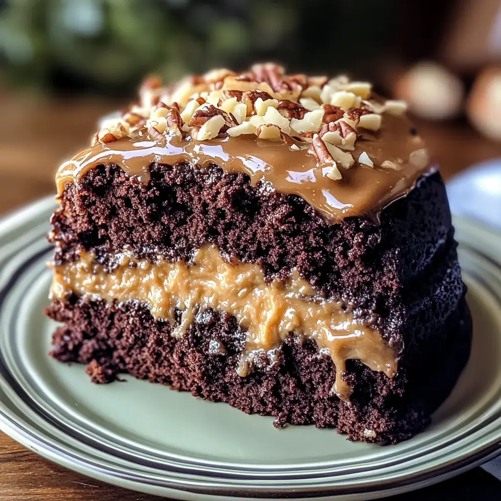 A slice of rich chocolate cake topped with caramel frosting and chopped nuts, showcasing a gooey caramel filling in the center.