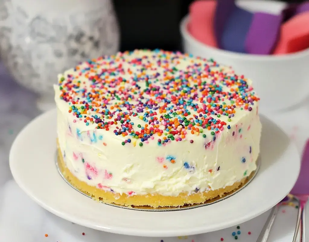 A colorful cake topped with multicolored sprinkles sits on a white plate.