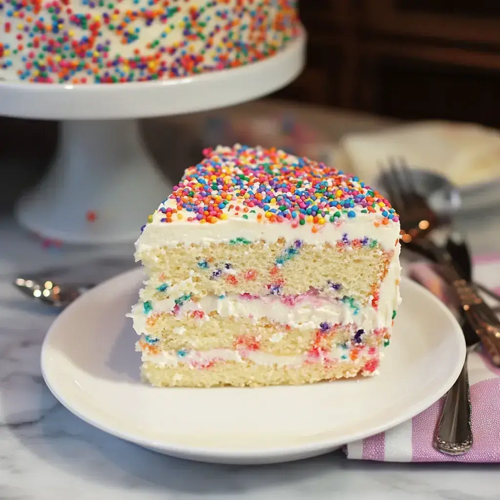 A slice of colorful confetti cake with frosting and sprinkles on a white plate beside a whole cake on a stand.