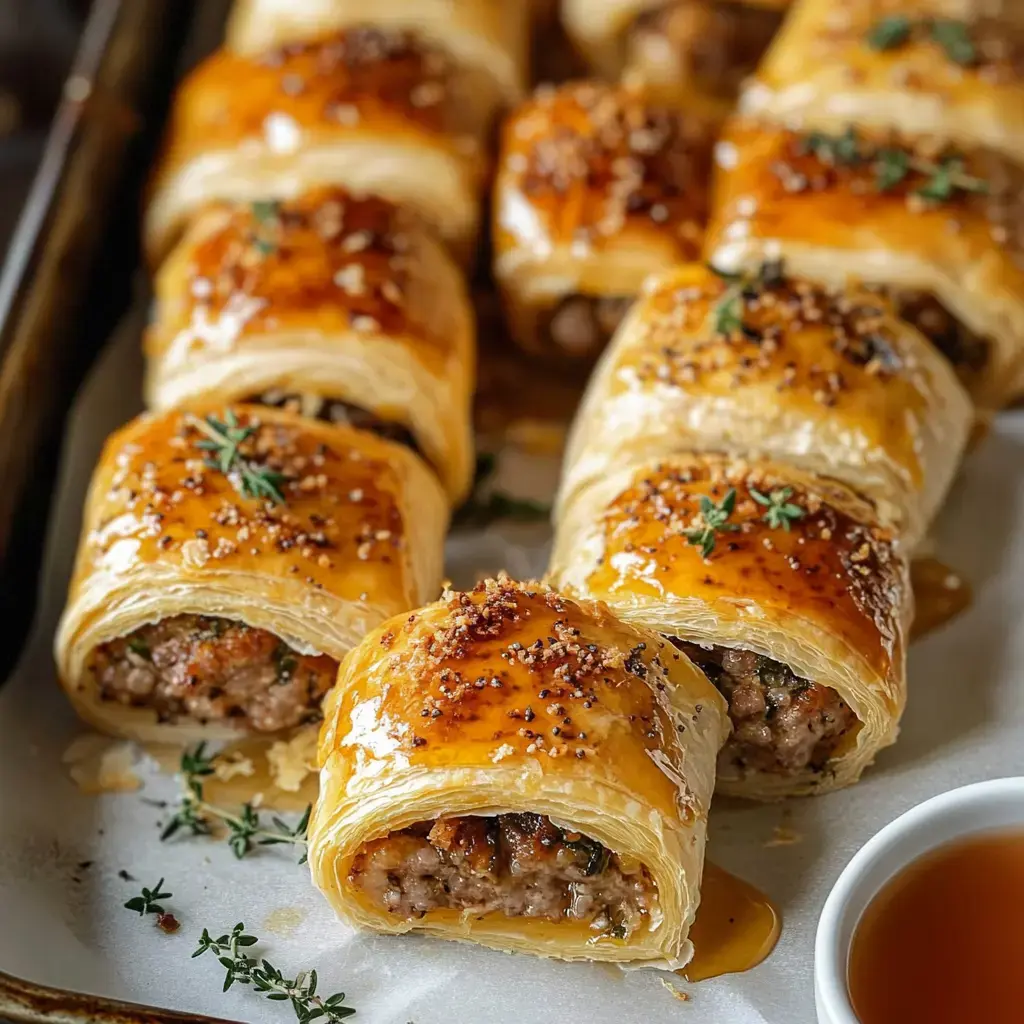 A close-up of golden, flaky pastry rolls filled with seasoned meat and garnished with herbs, arranged on a baking tray.