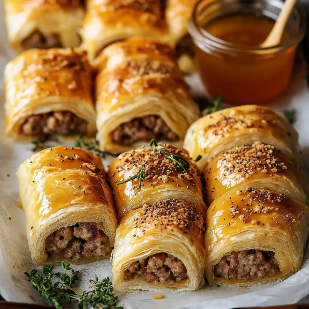 A close-up view of flaky pastry rolls filled with seasoned meat, garnished with herbs and spices, served alongside a small jar of honey.