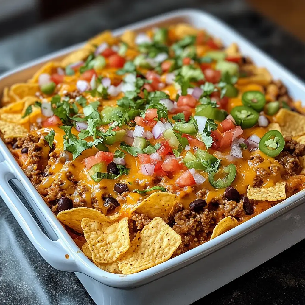 A baked dish of nachos topped with melted cheese, ground beef, black beans, diced tomatoes, onions, jalapeños, and fresh cilantro.