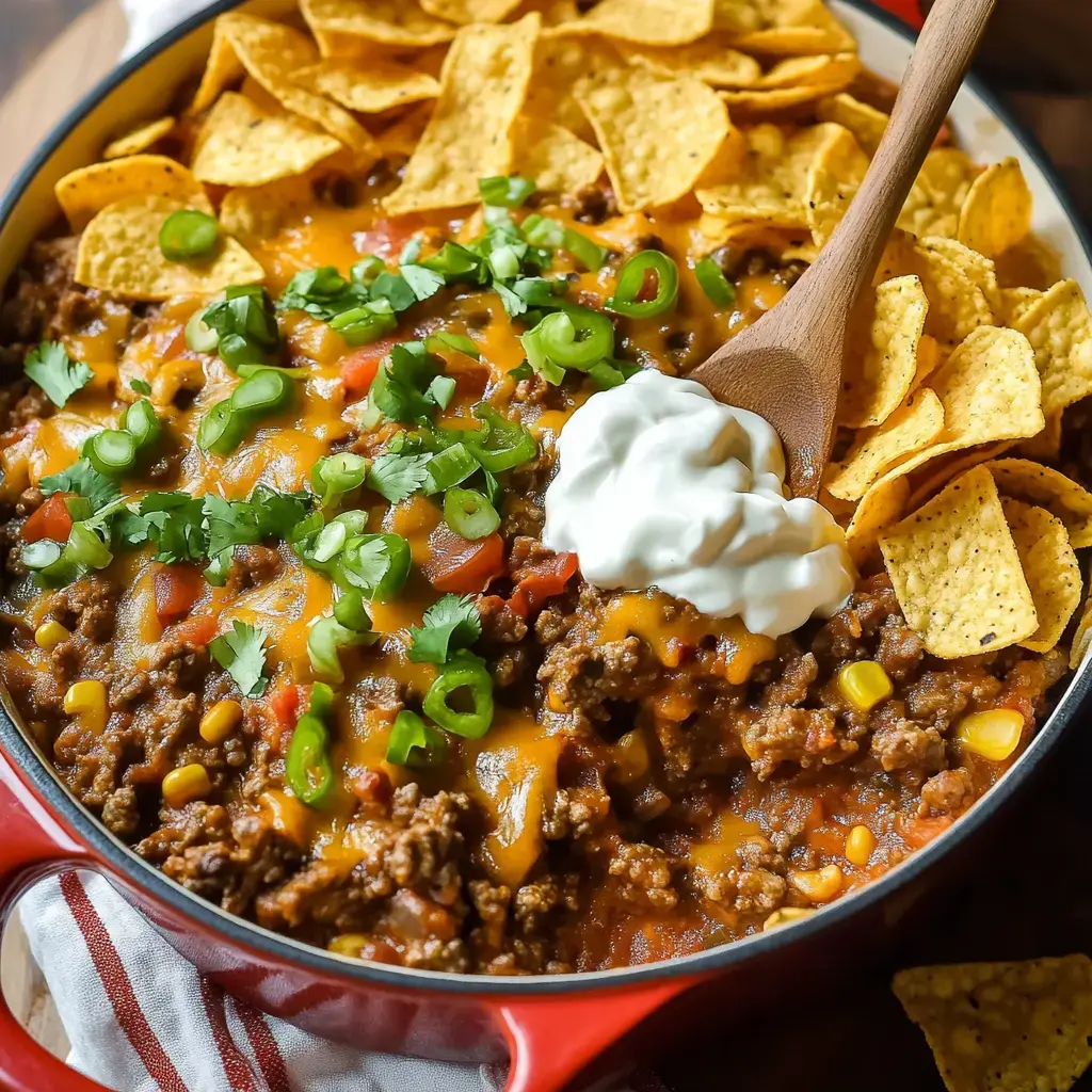 A close-up of a savory dish featuring ground beef, melted cheese, chopped green onions, cilantro, and a dollop of sour cream, surrounded by tortilla chips.