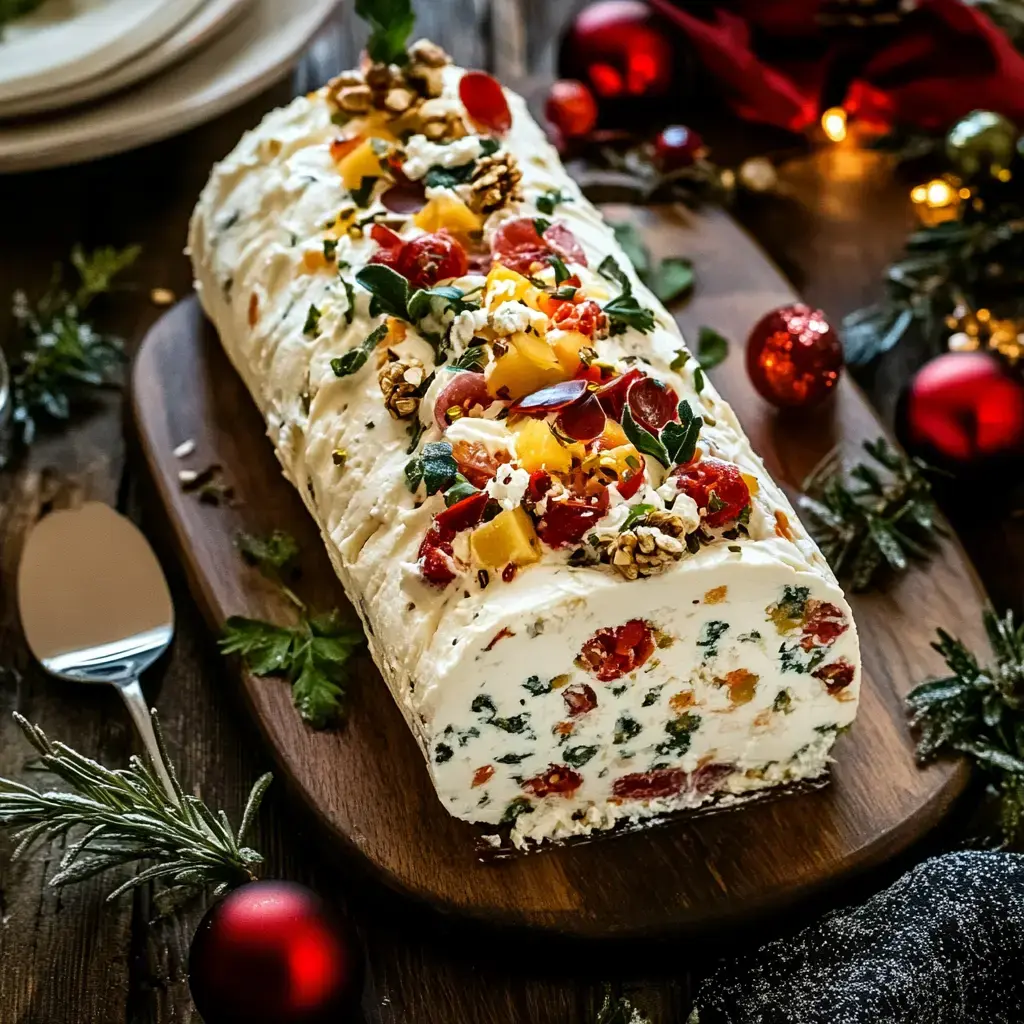 A decorated log of creamy cheese spread topped with colorful fruits and nuts, placed on a wooden board with festive decorations.