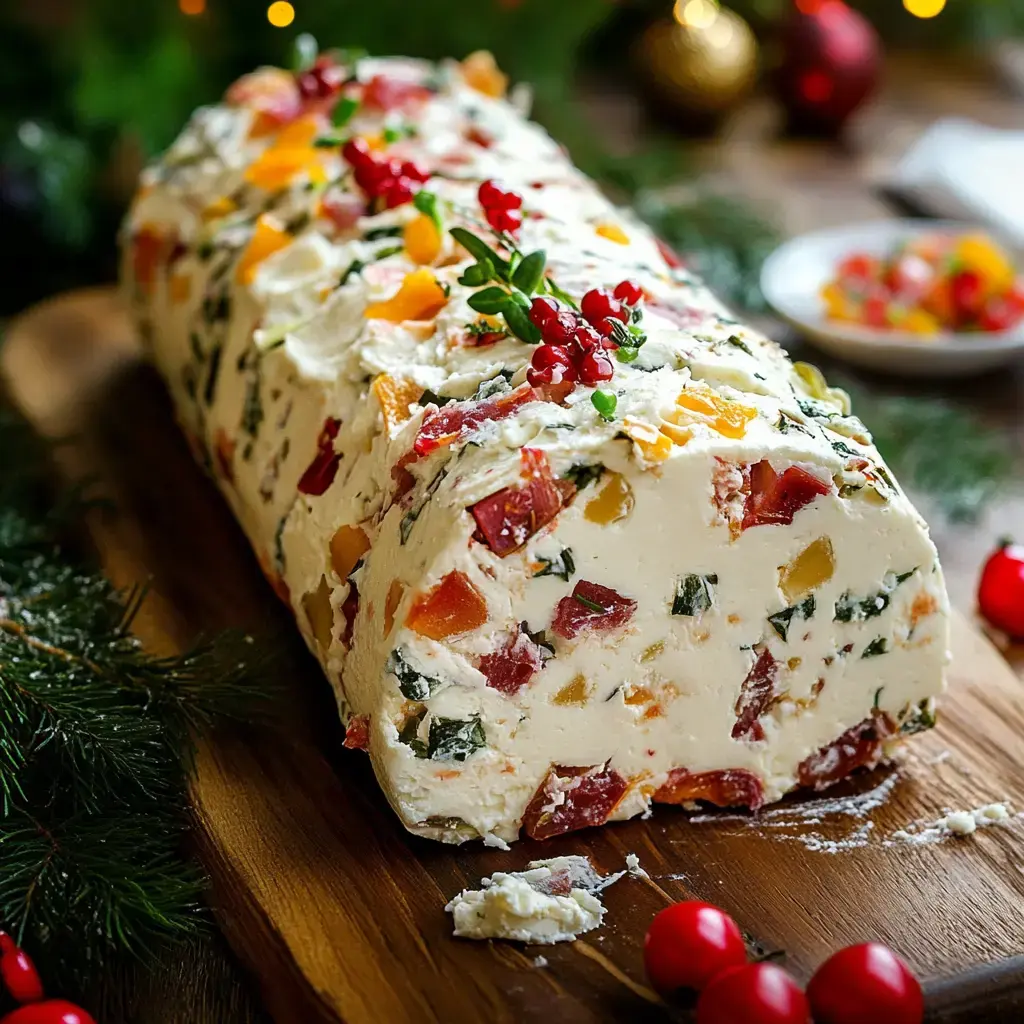 A festive cheese log, garnished with red berries and herbs, is displayed on a wooden board surrounded by holiday decor.