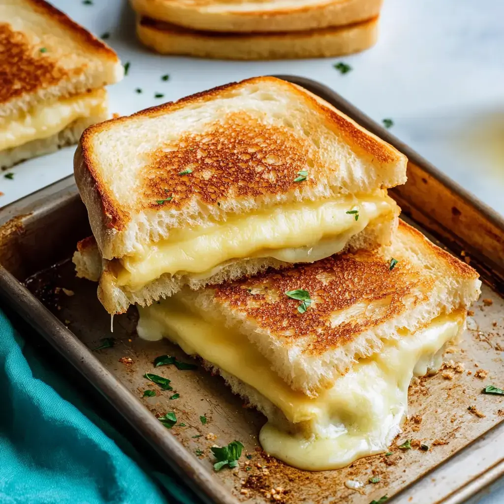 Two toasted grilled cheese sandwiches are stacked on a baking tray, oozing melted cheese and garnished with small herbs.