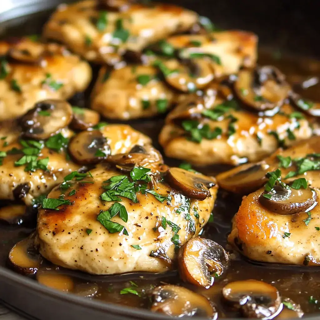 A close-up view of cooked chicken breasts topped with mushrooms and parsley in a rich sauce.