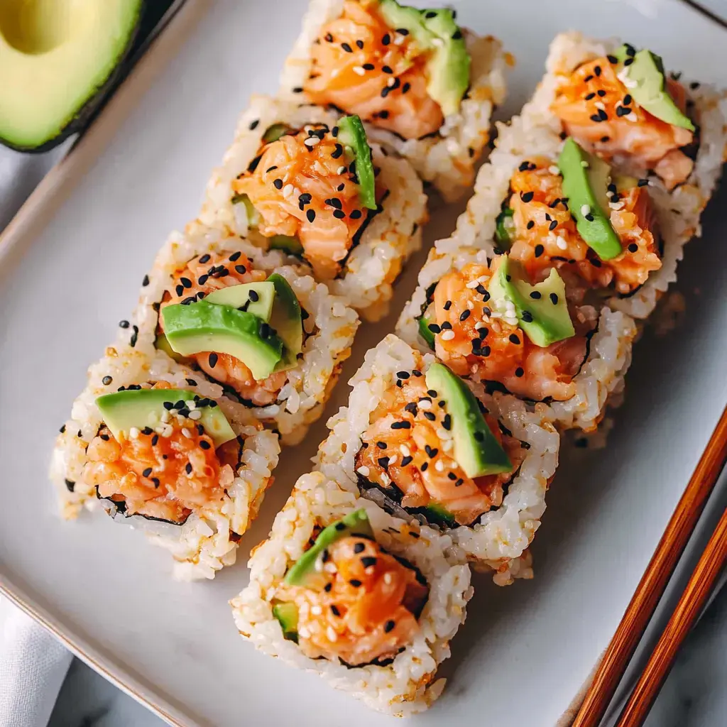 A close-up of a plate featuring several pieces of sushi rolled with salmon, avocado, and sprinkled with black sesame seeds.