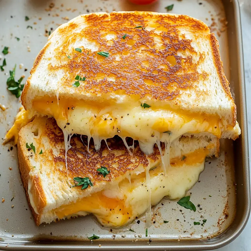 A deliciously cheesy grilled cheese sandwich, with melted cheese oozing between two golden-brown slices of toasted bread, garnished with fresh herbs.