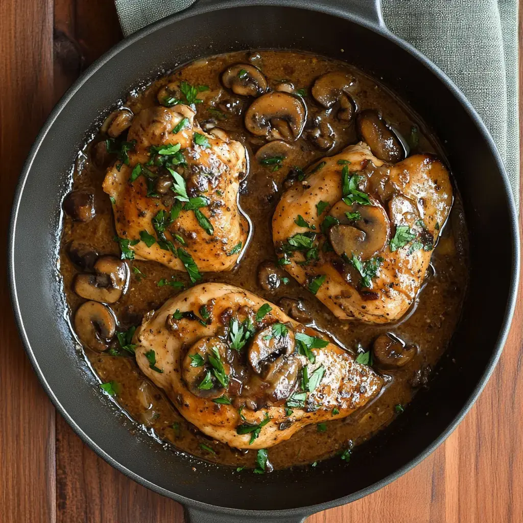 A close-up of three cooked chicken breasts in a savory mushroom sauce, garnished with fresh parsley, in a black frying pan on a wooden surface.