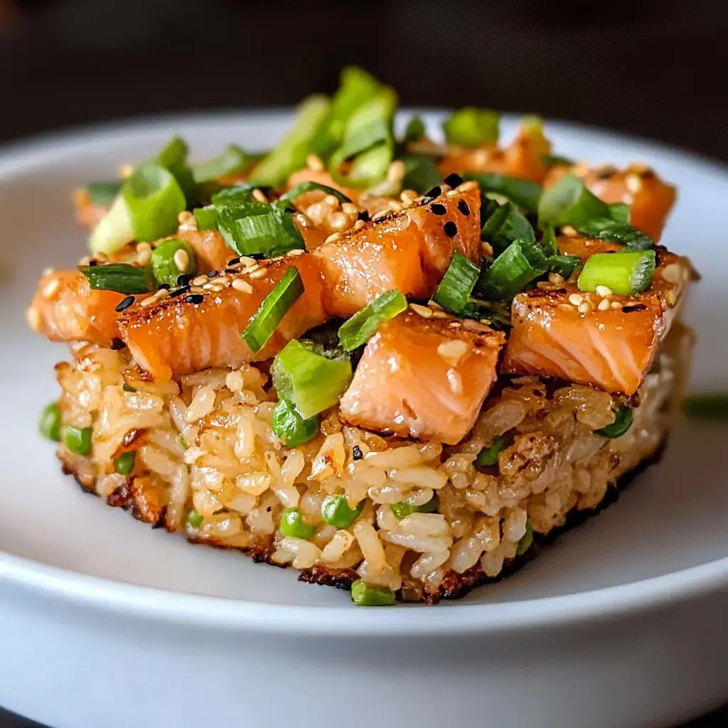 A square serving of fried rice topped with diced salmon, green onions, and sesame seeds on a white plate.