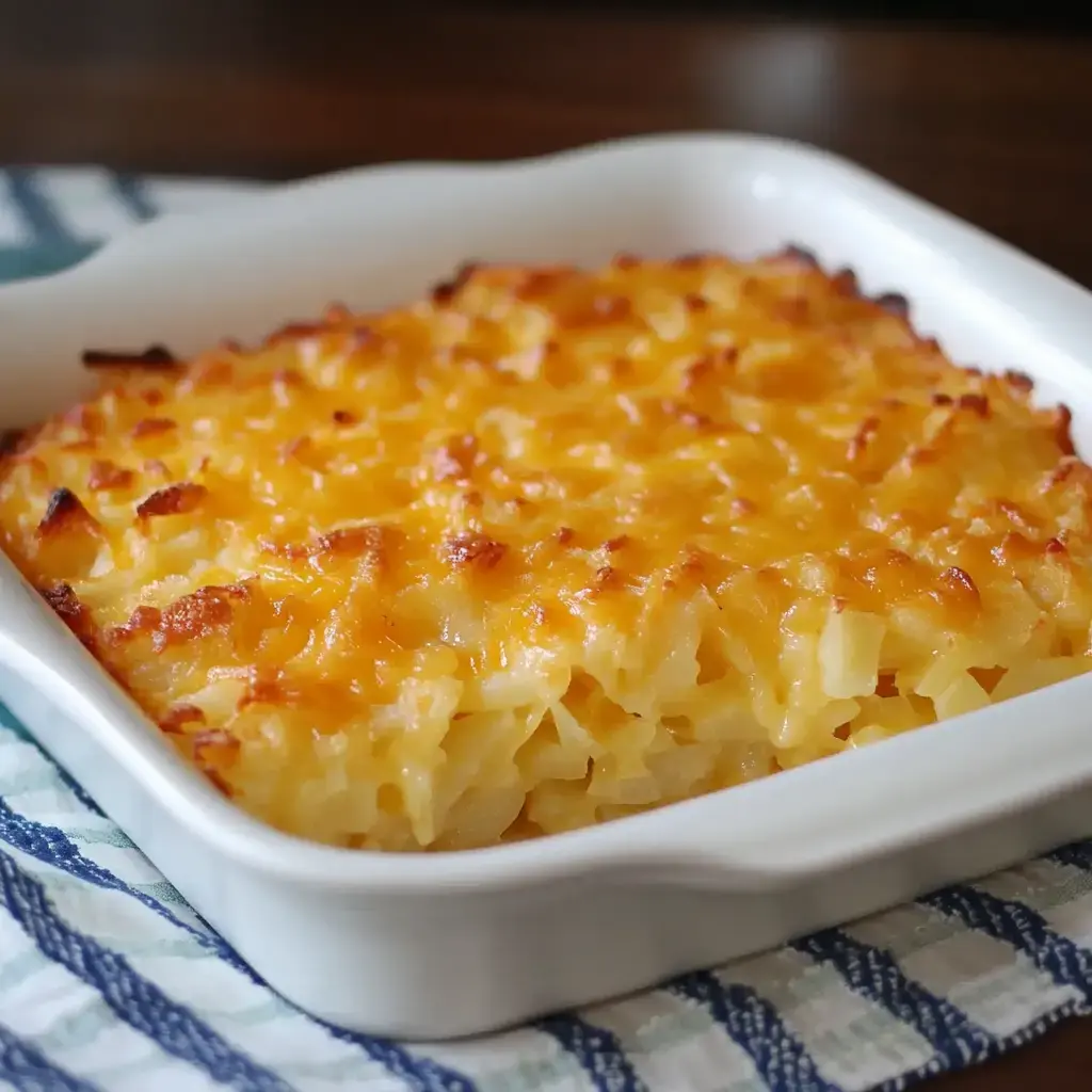 A golden-brown baked macaroni and cheese casserole in a white dish on a striped cloth.