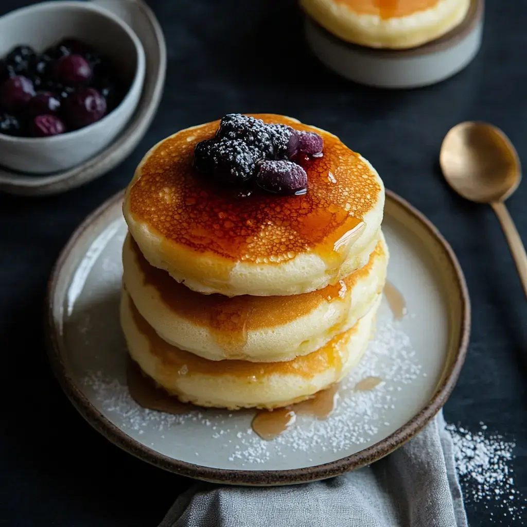 A stack of fluffy pancakes topped with syrup and berries, served on a plate next to a bowl of additional berries.