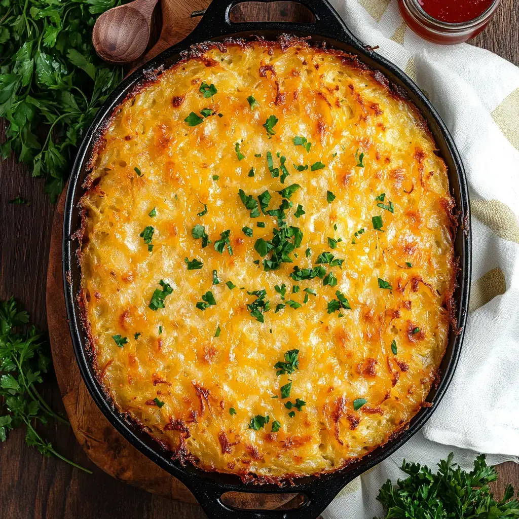 A golden-brown baked dish topped with melted cheese and chopped parsley, served in a black skillet on a wooden surface.