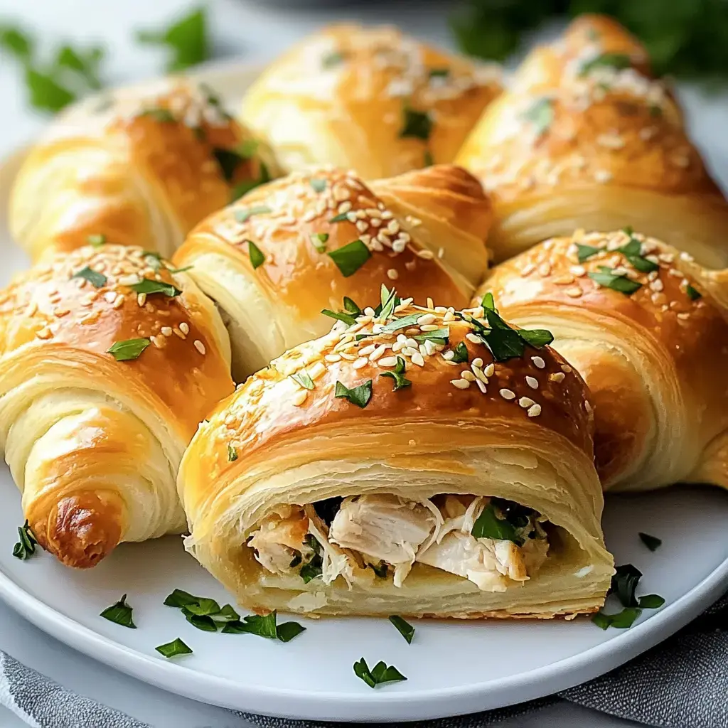 A plate of golden, flaky croissants filled with chicken and garnished with sesame seeds and chopped parsley.