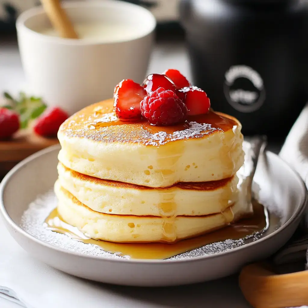 A stack of fluffy pancakes topped with strawberries and raspberries, drizzled with syrup, is served on a plate with a small bowl in the background.