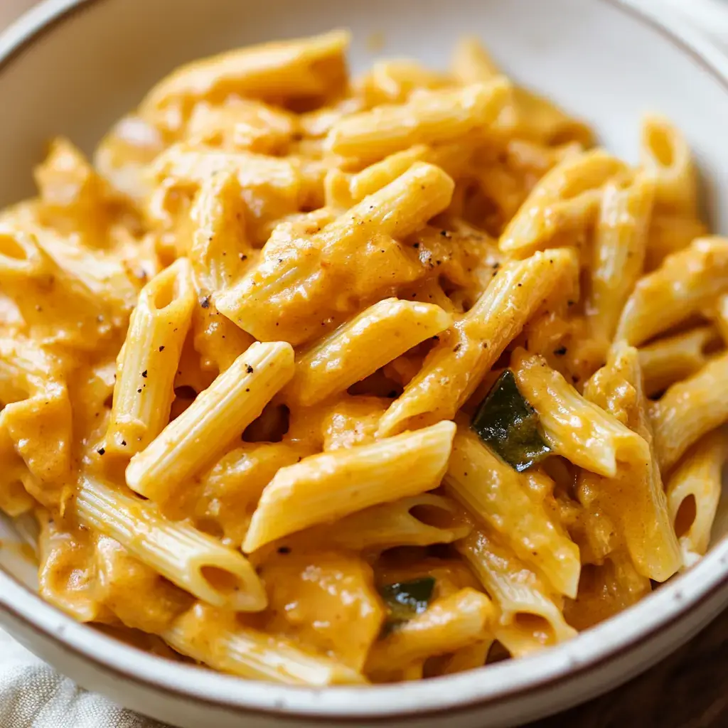 A bowl of creamy penne pasta coated in a rich orange sauce, garnished with black pepper.