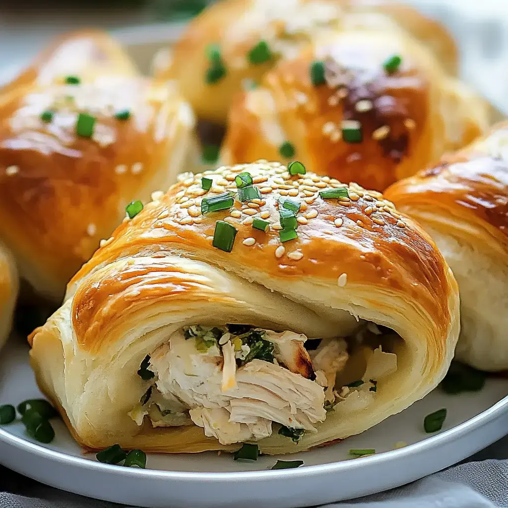 A plate of golden-brown pastries filled with chicken, herbs, and garnished with sesame seeds and green onions.