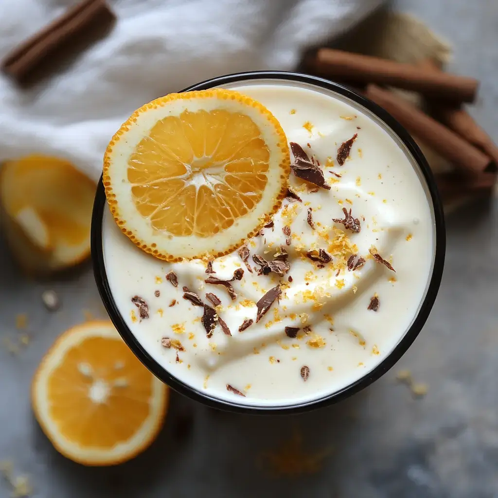 A creamy dessert topped with a slice of orange and chocolate shavings, surrounded by fresh orange halves and cinnamon sticks.