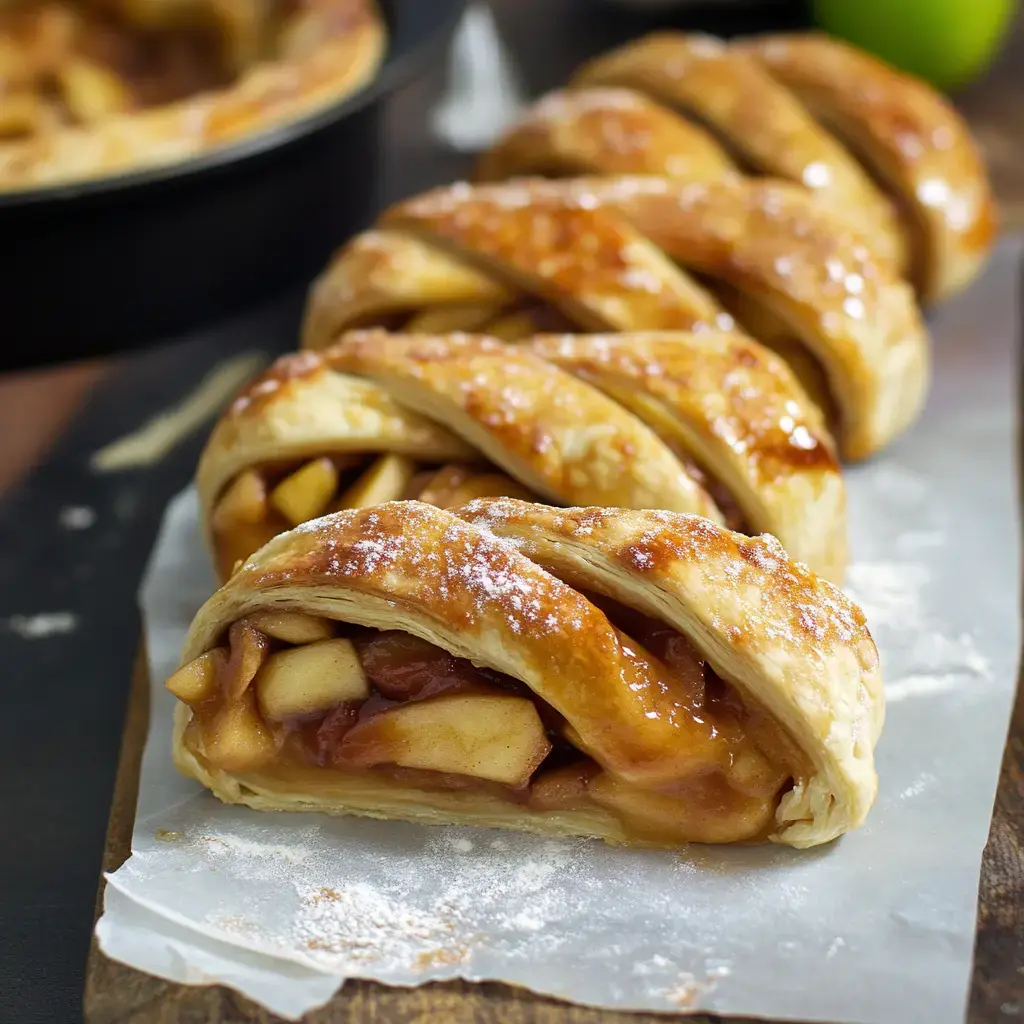 A close-up of braided apple pastry filled with caramelized apples and dusted with powdered sugar on a wooden board.