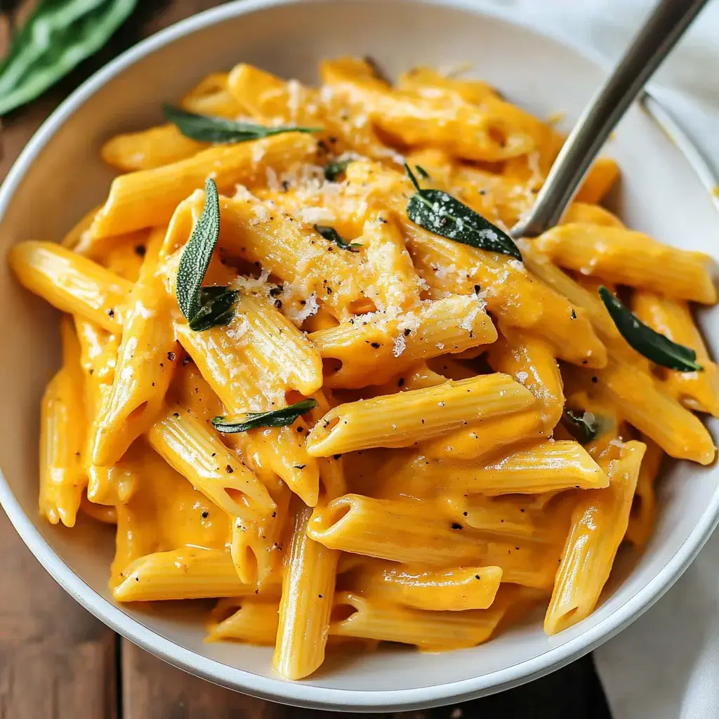 A close-up of a bowl of creamy penne pasta garnished with sage leaves and grated cheese.