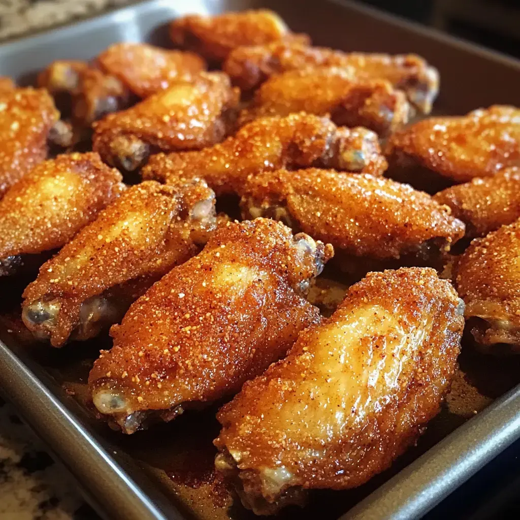 A close-up of a tray of golden-brown, crispy chicken wings coated in seasoning.